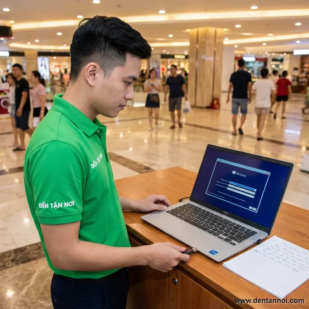 Kỹ thuật viên ĐẾN TẬN NƠI cầm USB boot, laptop hiện màn hình cài Windows tại căn hộ trung tâm thành phố ở Hải Châu, Đà Nẵng