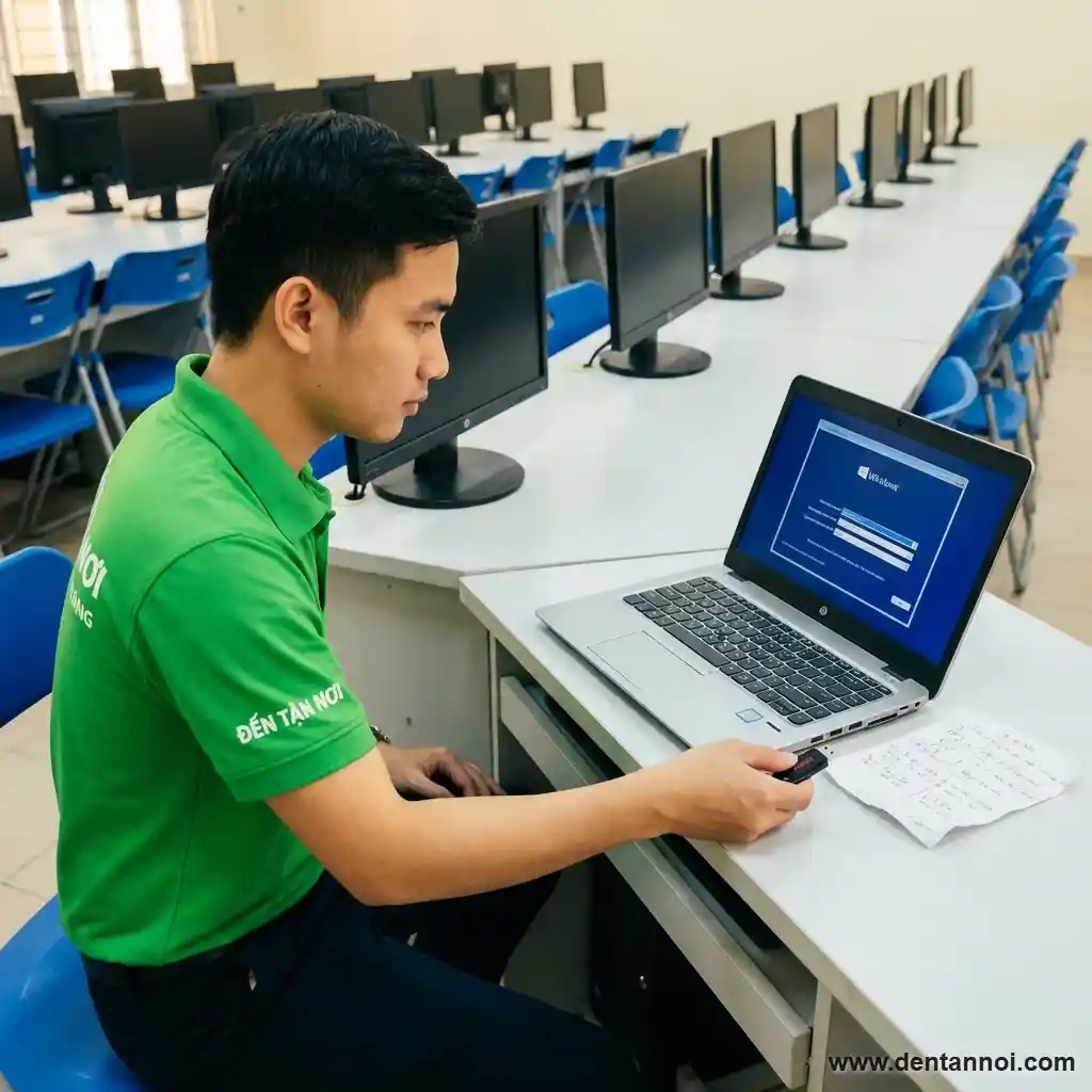 Kỹ thuật viên ĐẾN TẬN NƠI cầm USB boot, laptop hiện màn hình cài Windows tại nhà vườn ngoại thành rộng rãi ở Hòa Vang, Đà Nẵng