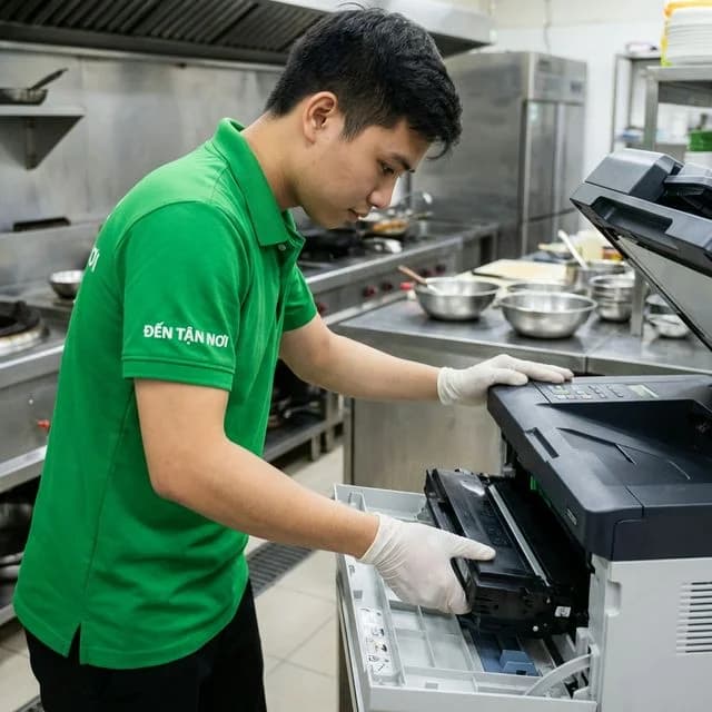 Kỹ thuật viên ĐẾN TẬN NƠI lắp lại hộp mực vào máy in, đóng nắp tại văn phòng khu công nghiệp ở Liên Chiểu, Đà Nẵng