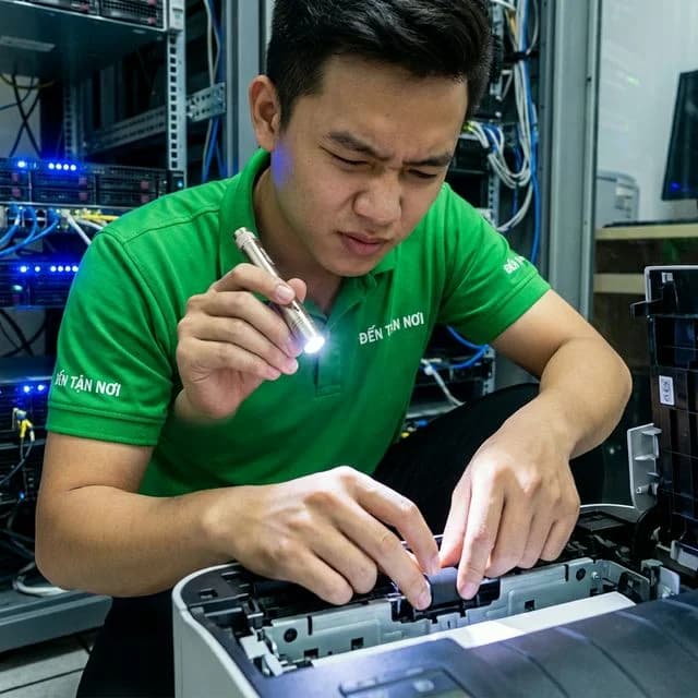 Kỹ thuật viên ĐẾN TẬN NƠI kiểm tra roller và drum bằng đèn pin nhỏ tại văn phòng startup ở Cẩm Lệ, Đà Nẵng