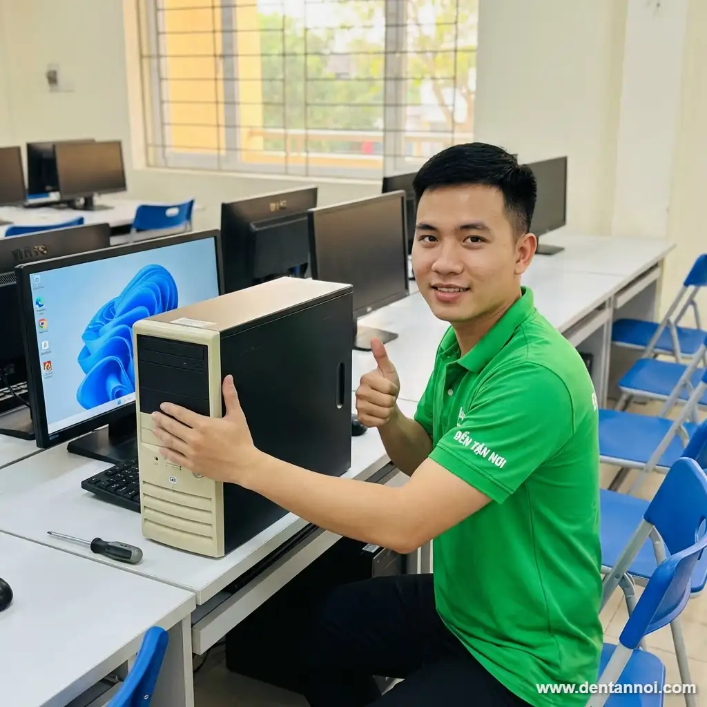 Kỹ thuật viên ĐẾN TẬN NƠI đóng case hoàn tất, màn hình hiện Windows desktop tại nhà phố khu vực mới ở quận Cẩm Lệ