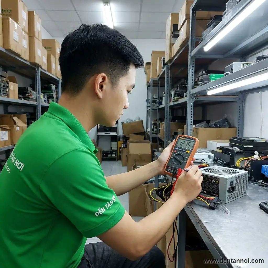 Kỹ thuật viên ĐẾN TẬN NƠI test nguồn bằng đồng hồ đo tại văn phòng startup ở Cẩm Lệ, Đà Nẵng