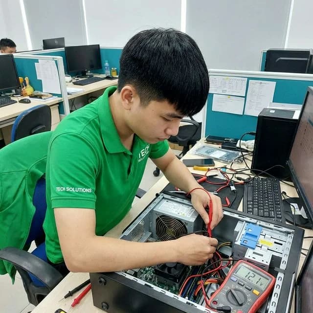 Kỹ thuật viên ĐẾN TẬN NƠI test nguồn bằng đồng hồ đo tại văn phòng khu công nghiệp ở Liên Chiểu, Đà Nẵng