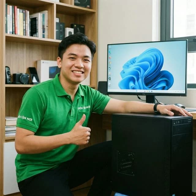 Kỹ thuật viên ĐẾN TẬN NƠI đóng case hoàn tất, màn hình hiện Windows desktop tại cửa hàng bán lẻ ở quận Thanh Khê