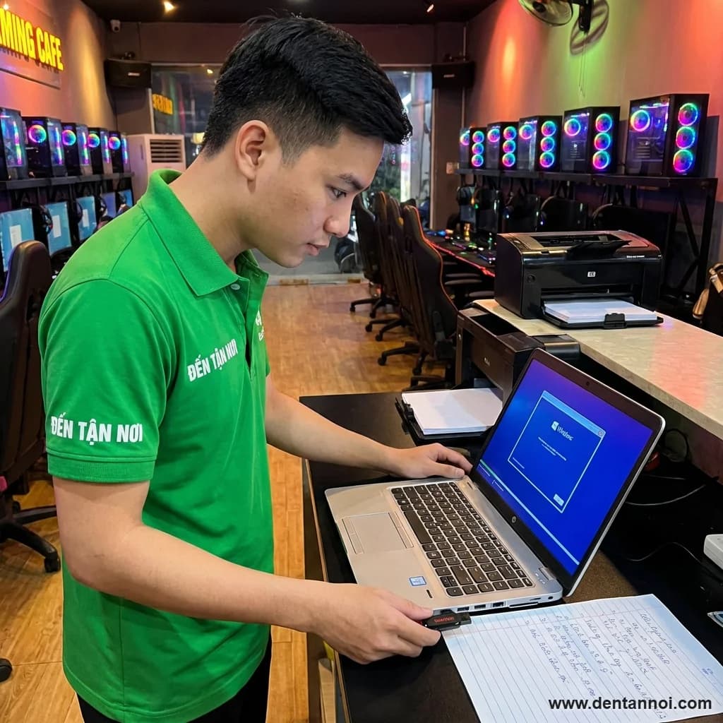 Kỹ thuật viên ĐẾN TẬN NƠI cầm USB boot, laptop hiện màn hình cài Windows tại nhà mới khu đô thị ở Cẩm Lệ, Đà Nẵng