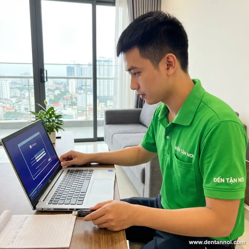 Kỹ thuật viên ĐẾN TẬN NƠI cầm USB boot, laptop hiện màn hình cài Windows tại nhà trọ sinh viên gần Đại học ở Liên Chiểu, Đà Nẵng