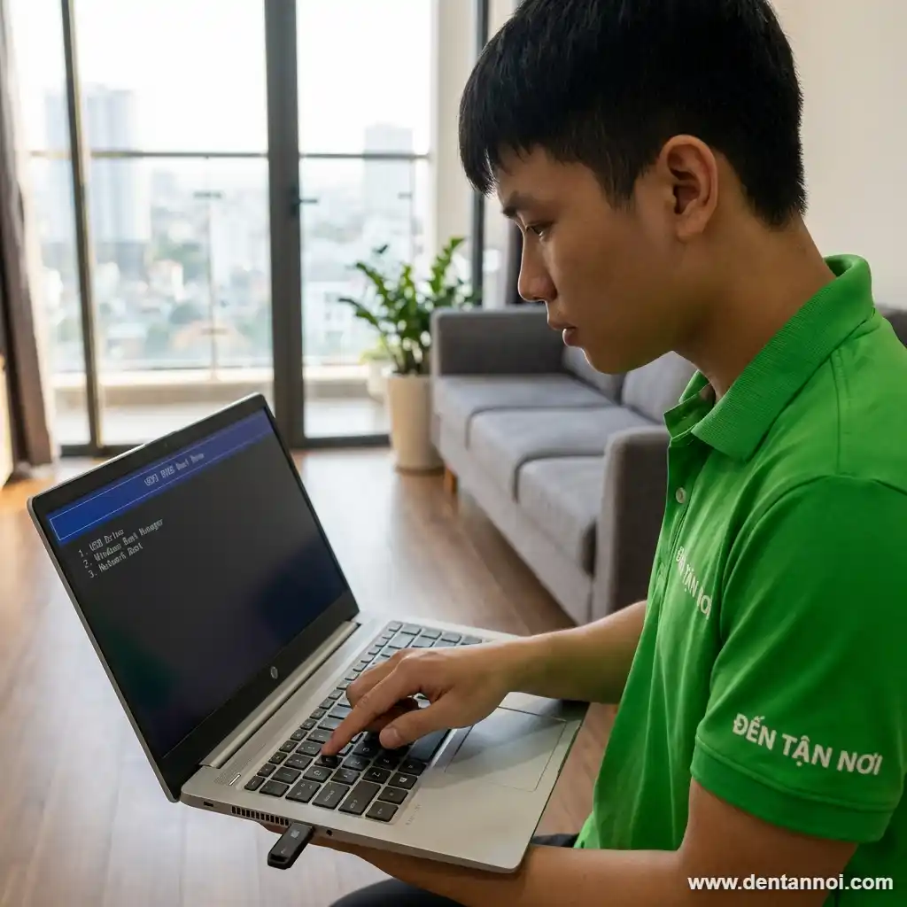 Kỹ thuật viên ĐẾN TẬN NƠI cắm USB boot vào laptop, màn hình hiện BIOS tại quận Liên Chiểu