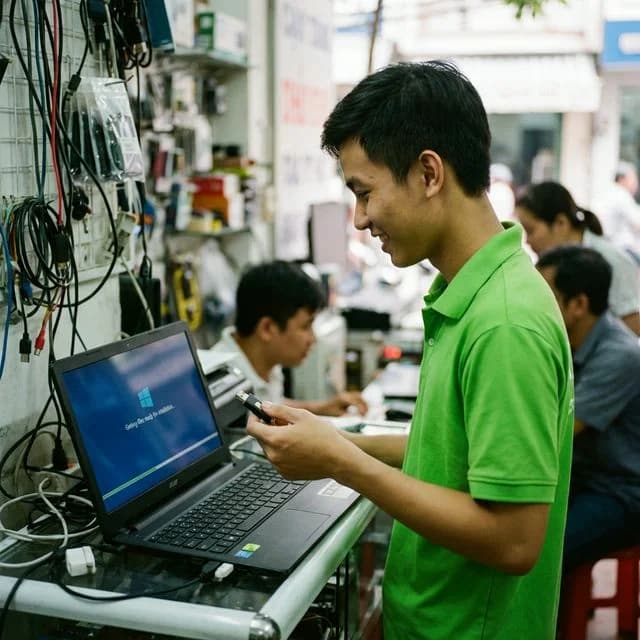 Kỹ thuật viên ĐẾN TẬN NƠI cầm USB boot, laptop hiện màn hình cài Windows tại nhà phố khu dân cư đông đúc ở Thanh Khê, Đà Nẵng