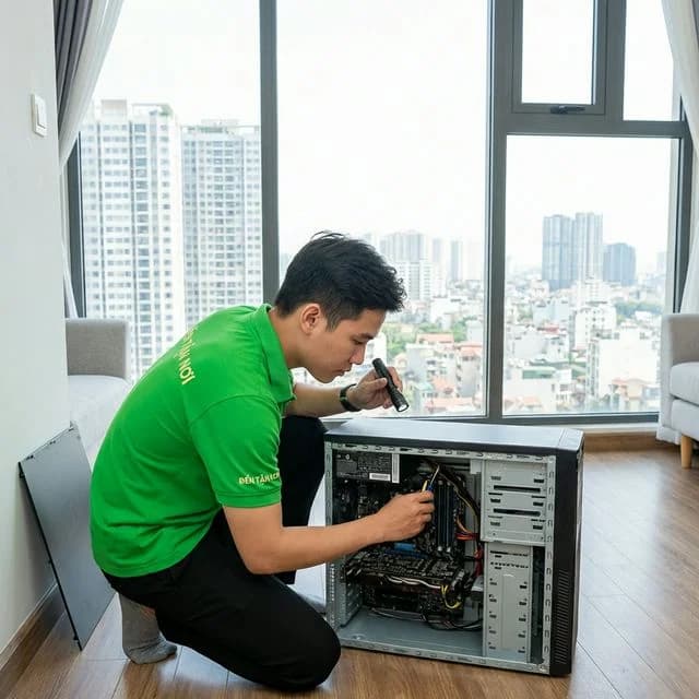 Kỹ thuật viên ĐẾN TẬN NƠI mở case PC kiểm tra mainboard và RAM tại resort khu Non Nước ở Ngũ Hành Sơn, Đà Nẵng