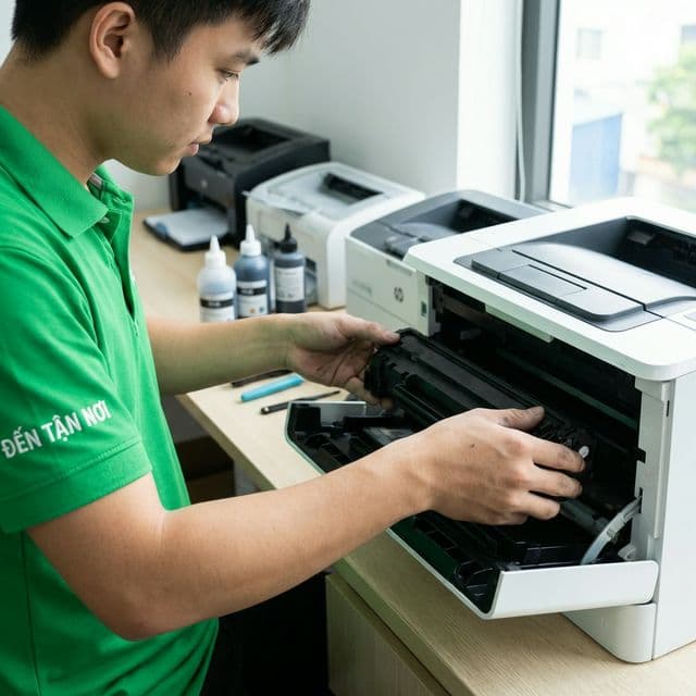 Kỹ thuật viên ĐẾN TẬN NƠI lắp hộp mực đã nạp vào máy in laser tại Đà Nẵng