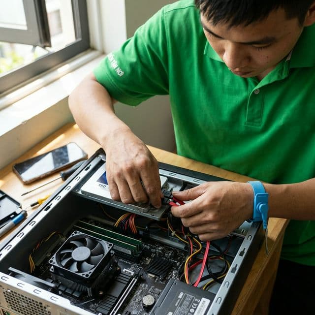 Kỹ thuật viên ĐẾN TẬN NƠI kết nối cáp SSD trong case PC tại nhà khách hàng