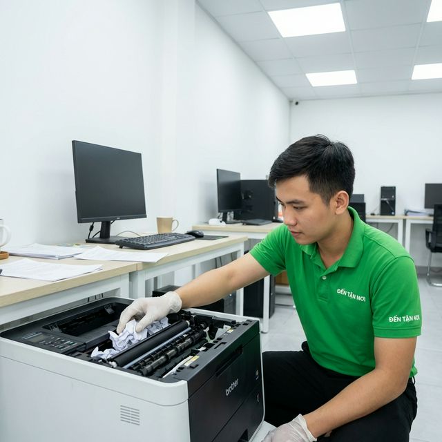 Kỹ thuật viên kiểm tra và sửa máy in tại văn phòng ở Đà Nẵng