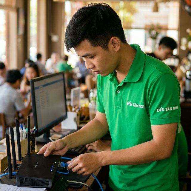 Thợ sửa máy tính kiểm tra kết nối cáp mạng router WiFi tại quán cà phê Đà Nẵng